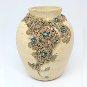 Vtg Studio Art Pottery Vase with Applied Flowers